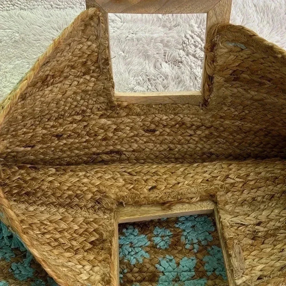 Twig & Arrow Boho Woven Jute Hand Painted Turquoise Flower Tote Beach Bag